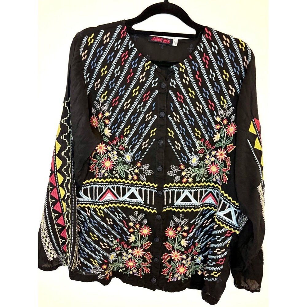 Johnny Was Embroidered Boho Button Front Blouse XS Black